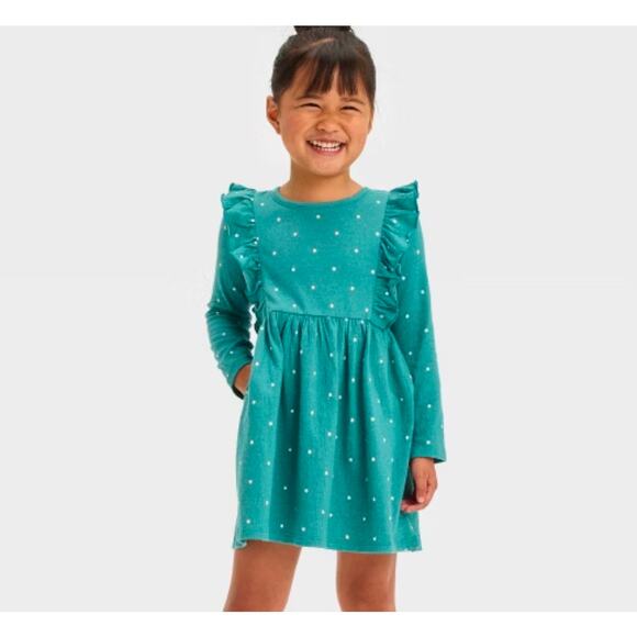 Cat and Jack Girls 5T Dress Long Sleeve Green Polka Dot Long Sleeve NEW - Picture 1 of 6